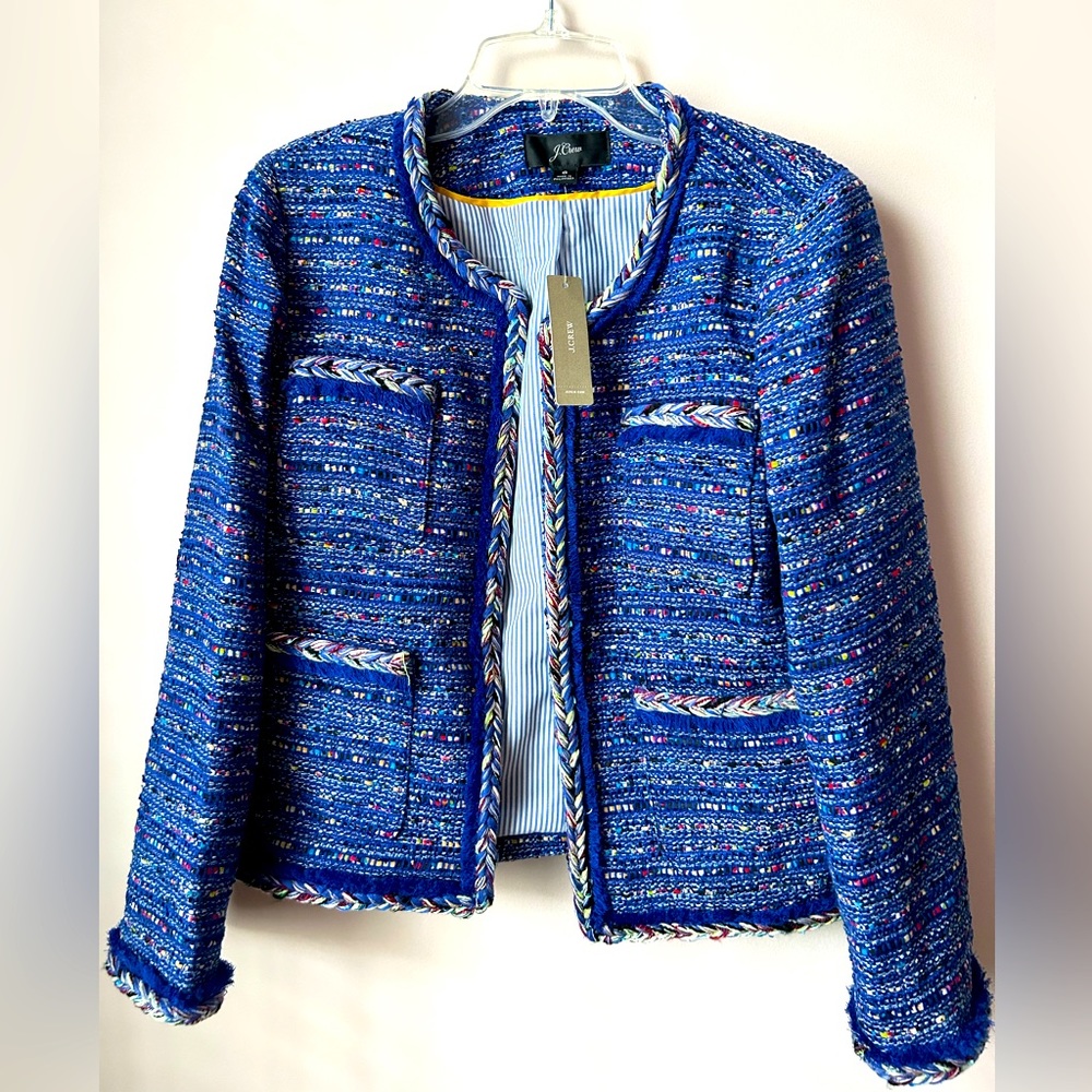 Jcrew blue tweed open front jacket sz 6